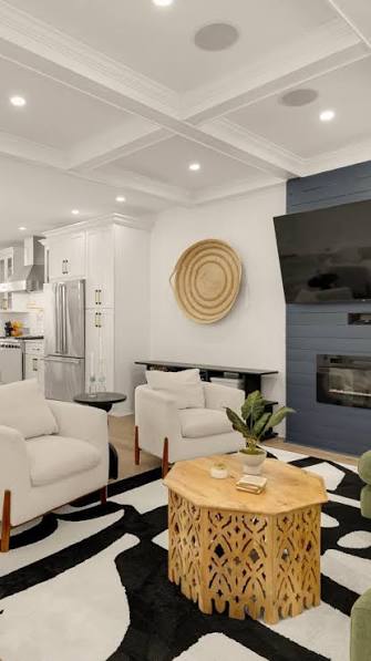 Living room with coffered ceiling and fireplace