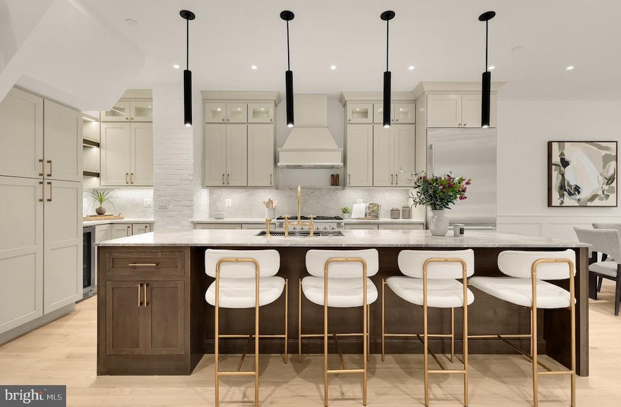 Large kitchen island with pendant lighting