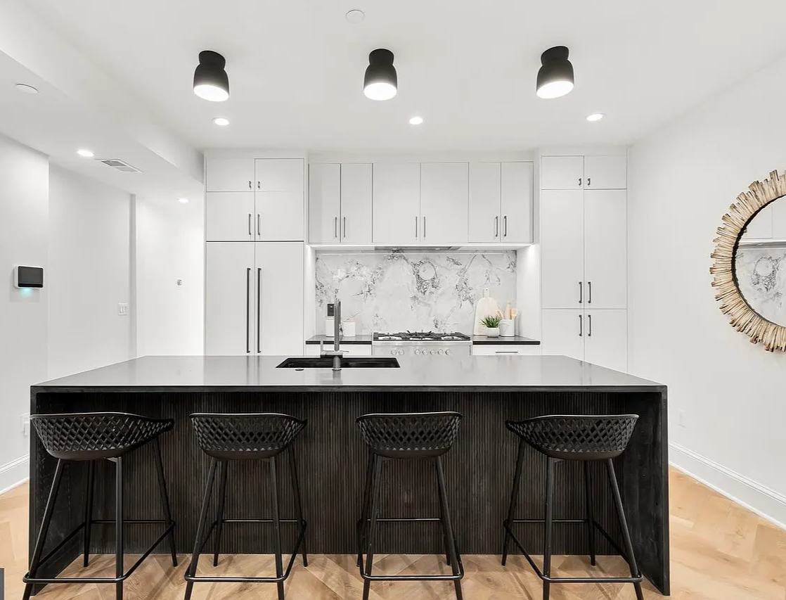 Modern kitchen island with bar stools